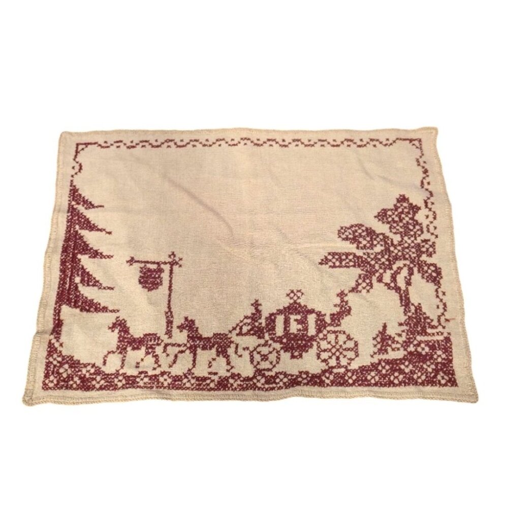 Vintage embroidered  Placemat Carriage & Horses fairy tale burgundy Cream Linen